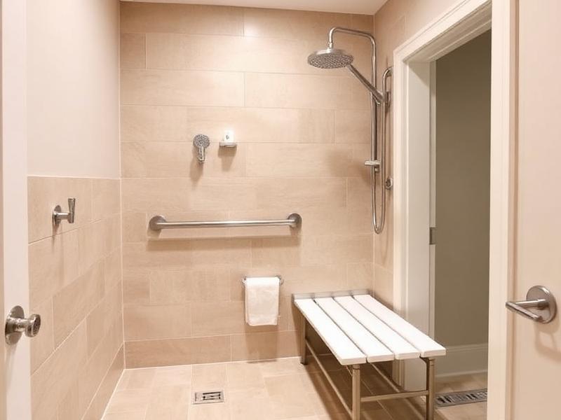 Accessible bathroom with roll-in shower, grab bars and fold-down bench