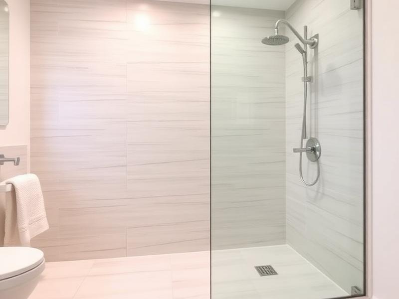 Curbless walk-in shower with linear drain and large-format porcelain tile
