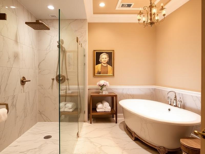 Primary suite bathroom with marble walk-in shower and freestanding soaking tub