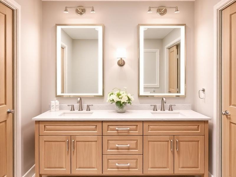 Custom double vanity with quartz countertop, white oak cabinets and backlit mirrors